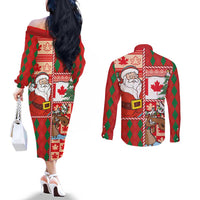Canadian Christmas Couples Matching Off The Shoulder Long Sleeve Dress and Long Sleeve Button Shirt A Merry Xmas Santa and Funny Moose
