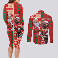 Canadian Christmas Couples Matching Long Sleeve Bodycon Dress and Long Sleeve Button Shirt Santa Hoho Holiday - A Beaver and Moose - Wonder Print Shop