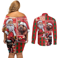 Canadian Christmas Couples Matching Off Shoulder Short Dress and Long Sleeve Button Shirt Santa Hoho Holiday - A Beaver and Moose - Wonder Print Shop