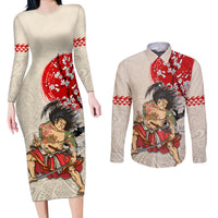Personalised Japanese Culture Hawaii Style Couples Matching Long Sleeve Bodycon Dress and Long Sleeve Button Shirt Japanese Samurai with Hawaiian Pattern - Wonder Print Shop