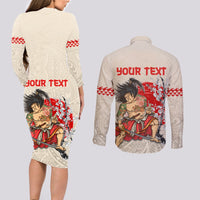 Personalised Japanese Culture Hawaii Style Couples Matching Long Sleeve Bodycon Dress and Long Sleeve Button Shirt Japanese Samurai with Hawaiian Pattern - Wonder Print Shop