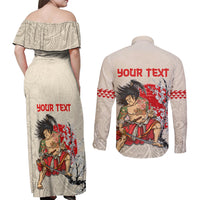 Personalised Japanese Culture Hawaii Style Couples Matching Off Shoulder Maxi Dress and Long Sleeve Button Shirt Japanese Samurai with Hawaiian Pattern - Wonder Print Shop