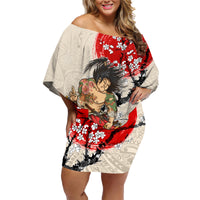 Personalised Japanese Culture Hawaii Style Family Matching Off Shoulder Short Dress and Hawaiian Shirt Japanese Samurai with Hawaiian Pattern - Wonder Print Shop