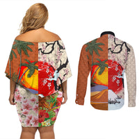 Japanese Culture Hawaii Style Couples Matching Off Shoulder Short Dress and Long Sleeve Button Shirt Mauna Kea and Fuji Mountains - Wonder Print Shop
