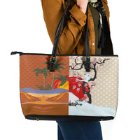 Japanese Culture Hawaii Style Leather Tote Bag Mauna Kea and Fuji Mountains - Wonder Print Shop