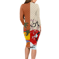 Japanese Culture Hawaii Style Long Sleeve Bodycon Dress Mauna Kea and Fuji Mountains - Wonder Print Shop