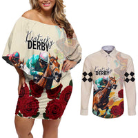 Kentucky Horse Racing 151st Anniversary Couples Matching Off Shoulder Short Dress and Long Sleeve Button Shirt LT03