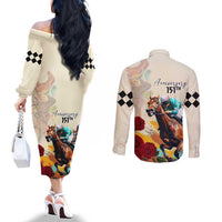 Kentucky Horse Racing 151st Anniversary Couples Matching Off The Shoulder Long Sleeve Dress and Long Sleeve Button Shirt LT03