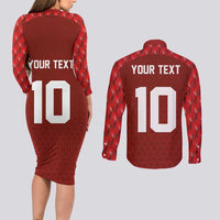 Custom Wales Rugby-The Three Feathers Couples Matching Long Sleeve Bodycon Dress and Long Sleeve Button Shirt Go Champions