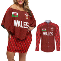 Custom Wales Rugby-The Three Feathers Couples Matching Off Shoulder Short Dress and Long Sleeve Button Shirt Go Champions