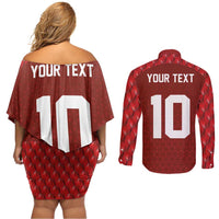 Custom Wales Rugby-The Three Feathers Couples Matching Off Shoulder Short Dress and Long Sleeve Button Shirt Go Champions