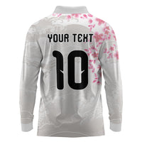 Custom Japan National Football Long Sleeve Polo Shirt Cherry Blossom Sakura Wave Traditional Graphic Art