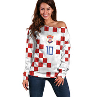 Custom Croatia National Football Off Shoulder Sweater Red Checkerboard Glagolitic Script Geometric Pattern Art