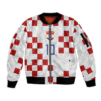 Custom Croatia National Football Sleeve Zip Bomber Jacket Red Checkerboard Glagolitic Script Geometric Pattern Art