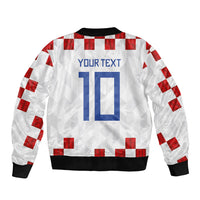 Custom Croatia National Football Sleeve Zip Bomber Jacket Red Checkerboard Glagolitic Script Geometric Pattern Art