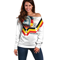 Custom Germany National Football Off Shoulder Sweater Deutschland Eagle Watercolor Splash Geometric Flag Stripe Pattern Art