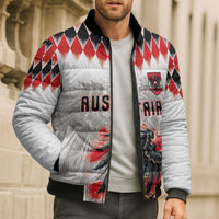 Custom Austria National Football Bomber Puffer Jacket Argyle Diamond Pattern with Eagle Watercolor Paint Splash Graphic Art