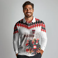 Custom Austria National Football Long Sleeve Polo Shirt Argyle Diamond Pattern with Eagle Watercolor Paint Splash Graphic Art