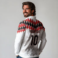 Custom Austria National Football Long Sleeve Polo Shirt Argyle Diamond Pattern with Eagle Watercolor Paint Splash Graphic Art