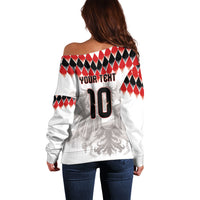 Custom Austria National Football Off Shoulder Sweater Argyle Diamond Pattern with Eagle Watercolor Paint Splash Graphic Art