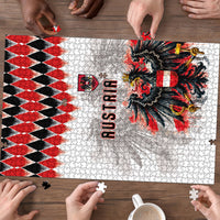 Austria National Football Puzzle Argyle Diamond Pattern with Eagle Watercolor Paint Splash Graphic Art