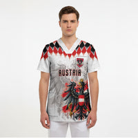 Custom Austria National Football Scrub Top Argyle Diamond Pattern with Eagle Watercolor Paint Splash Graphic Art