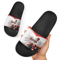 Austria National Football Slide Sandals Argyle Diamond Pattern with Eagle Watercolor Paint Splash Graphic Art