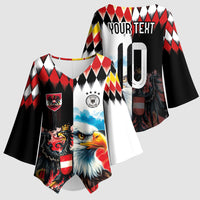 Custom Austria and Germany National Football Kimono Sleeve Blouse Split Half Diamond Argyle with Eagles Watercolor Paint Splash Art