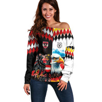 Custom Austria and Germany National Football Off Shoulder Sweater Split Half Diamond Argyle with Eagles Watercolor Paint Splash Art