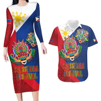 Philippines MassKara Couples Matching Long Sleeve Bodycon Dress and Hawaiian Shirt Filipino Carnival Mask and Polynesian Pattern - Wonder Print Shop