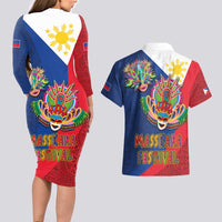 Philippines MassKara Couples Matching Long Sleeve Bodycon Dress and Hawaiian Shirt Filipino Carnival Mask and Polynesian Pattern - Wonder Print Shop