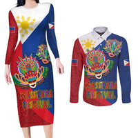 Philippines MassKara Couples Matching Long Sleeve Bodycon Dress and Long Sleeve Button Shirt Filipino Carnival Mask and Polynesian Pattern - Wonder Print Shop