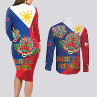 Philippines MassKara Couples Matching Long Sleeve Bodycon Dress and Long Sleeve Button Shirt Filipino Carnival Mask and Polynesian Pattern - Wonder Print Shop