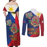 Philippines MassKara Couples Matching Off Shoulder Maxi Dress and Long Sleeve Button Shirt Filipino Carnival Mask and Polynesian Pattern - Wonder Print Shop