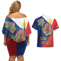 Philippines MassKara Couples Matching Off Shoulder Short Dress and Hawaiian Shirt Filipino Carnival Mask and Polynesian Pattern - Wonder Print Shop