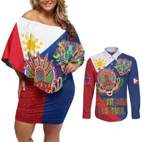 Philippines MassKara Couples Matching Off Shoulder Short Dress and Long Sleeve Button Shirt Filipino Carnival Mask and Polynesian Pattern - Wonder Print Shop