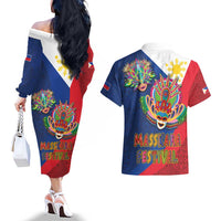 Philippines MassKara Couples Matching Off The Shoulder Long Sleeve Dress and Hawaiian Shirt Filipino Carnival Mask and Polynesian Pattern - Wonder Print Shop