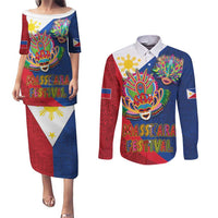 Philippines MassKara Couples Matching Puletasi and Long Sleeve Button Shirt Filipino Carnival Mask and Polynesian Pattern - Wonder Print Shop