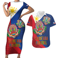Philippines MassKara Couples Matching Short Sleeve Bodycon Dress and Hawaiian Shirt Filipino Carnival Mask and Polynesian Pattern - Wonder Print Shop