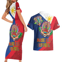 Philippines MassKara Couples Matching Short Sleeve Bodycon Dress and Hawaiian Shirt Filipino Carnival Mask and Polynesian Pattern - Wonder Print Shop