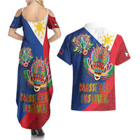 Philippines MassKara Couples Matching Summer Maxi Dress and Hawaiian Shirt Filipino Carnival Mask and Polynesian Pattern - Wonder Print Shop