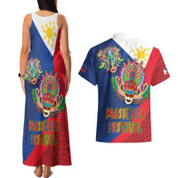 Philippines MassKara Couples Matching Tank Maxi Dress and Hawaiian Shirt Filipino Carnival Mask and Polynesian Pattern - Wonder Print Shop
