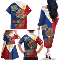 Philippines MassKara Family Matching Off The Shoulder Long Sleeve Dress and Hawaiian Shirt Filipino Carnival Mask and Polynesian Pattern - Wonder Print Shop