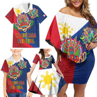 Philippines MassKara Family Matching Off Shoulder Short Dress and Hawaiian Shirt Filipino Carnival Mask and Polynesian Pattern - Wonder Print Shop