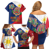 Philippines MassKara Family Matching Off Shoulder Short Dress and Hawaiian Shirt Filipino Carnival Mask and Polynesian Pattern - Wonder Print Shop