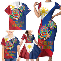 Philippines MassKara Family Matching Short Sleeve Bodycon Dress and Hawaiian Shirt Filipino Carnival Mask and Polynesian Pattern - Wonder Print Shop