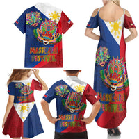 Philippines MassKara Family Matching Summer Maxi Dress and Hawaiian Shirt Filipino Carnival Mask and Polynesian Pattern - Wonder Print Shop