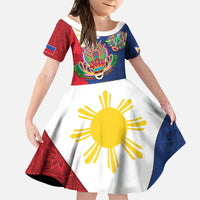 Philippines MassKara Kid Short Sleeve Dress Filipino Carnival Mask and Polynesian Pattern - Wonder Print Shop