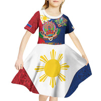 Philippines MassKara Kid Short Sleeve Dress Filipino Carnival Mask and Polynesian Pattern - Wonder Print Shop