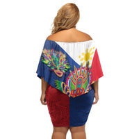 Philippines MassKara Off Shoulder Short Dress Filipino Carnival Mask and Polynesian Pattern - Wonder Print Shop